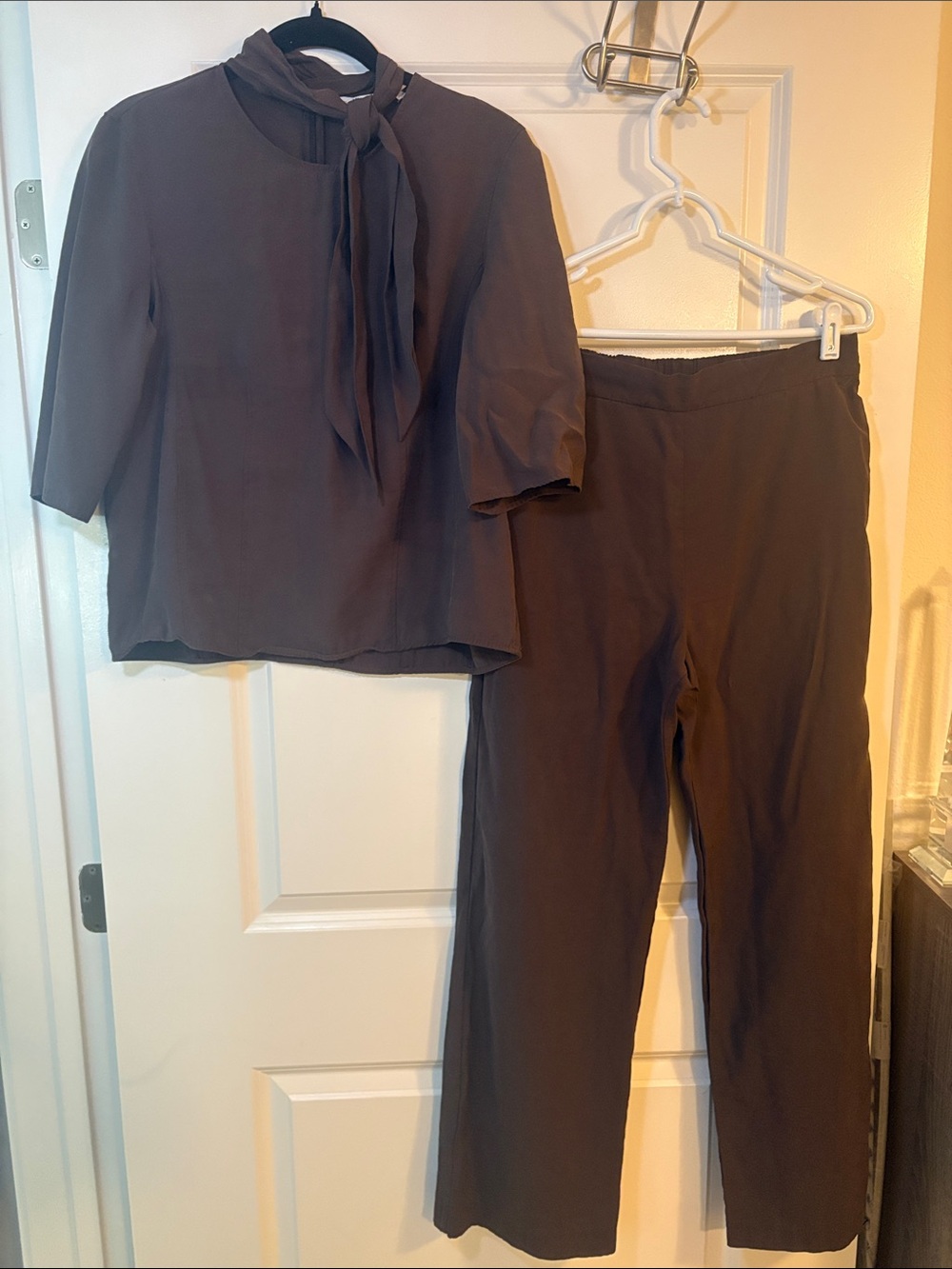 Zara Brown Wide-Leg Pants & Tie-Neck Blouse Set- Size Medium Co-Ord Set